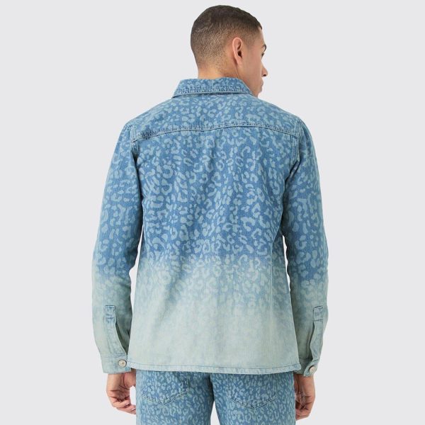 Leopard Print Denim Overshirt in Light Blue - Image 2